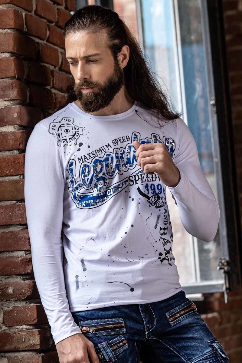 CL510 Camisa de manga larga de los hombres con un estampado frontal a gran escala