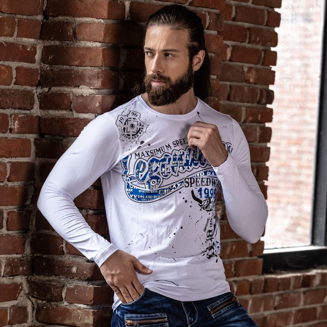 CL510 Camisa de manga larga de los hombres con un estampado frontal a gran escala