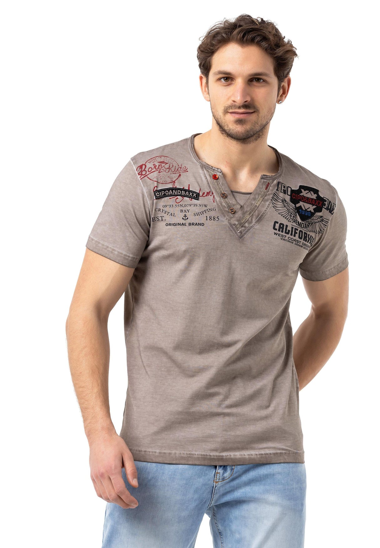 CT783 California Heren T-shirt met V-hals en Print