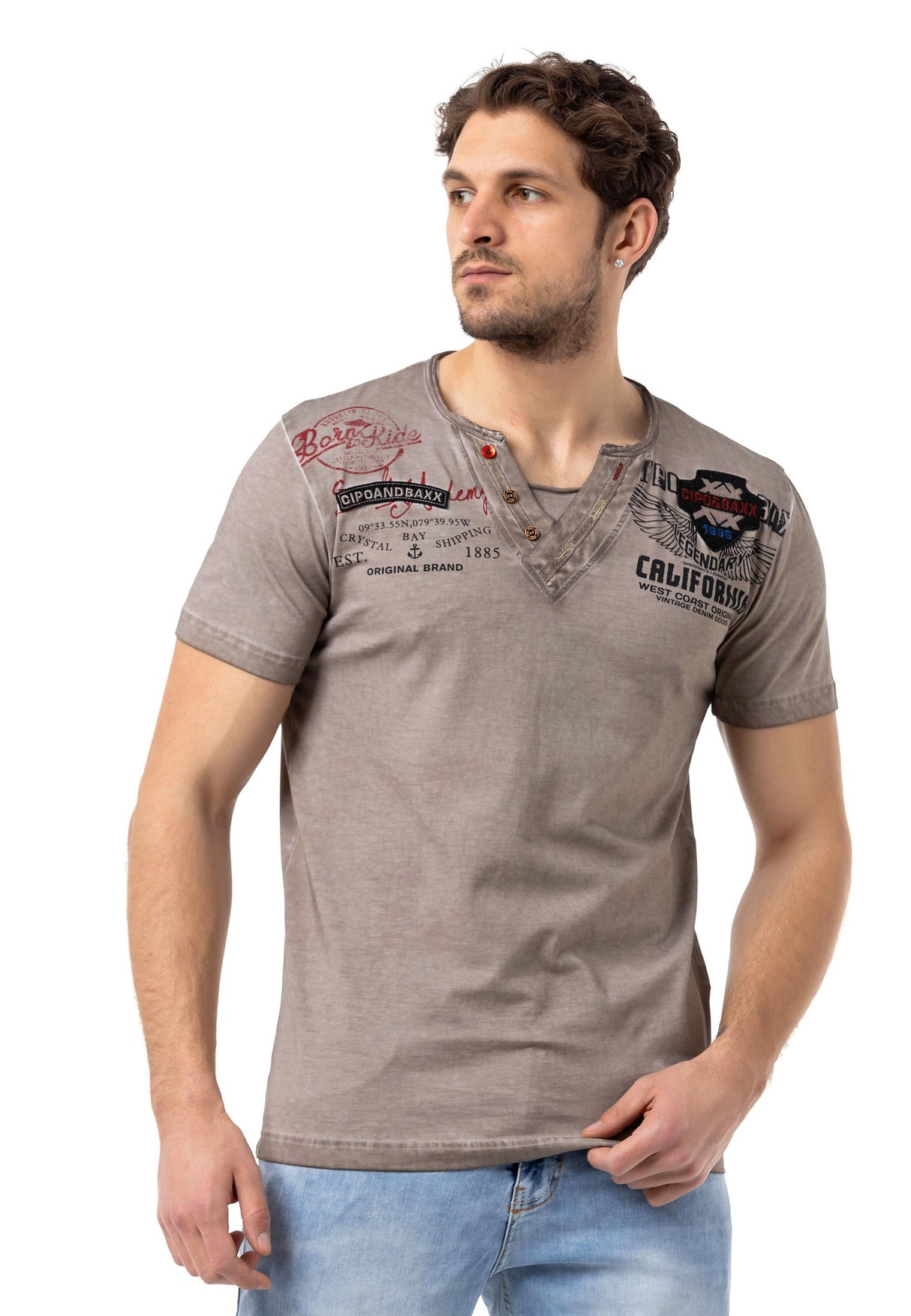 CT783 California Heren T-shirt met V-hals en Print