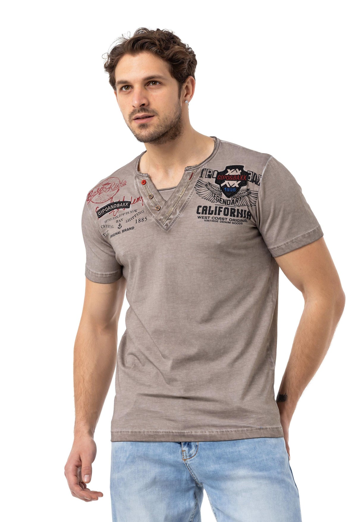 CT783 California Heren T-shirt met V-hals en Print