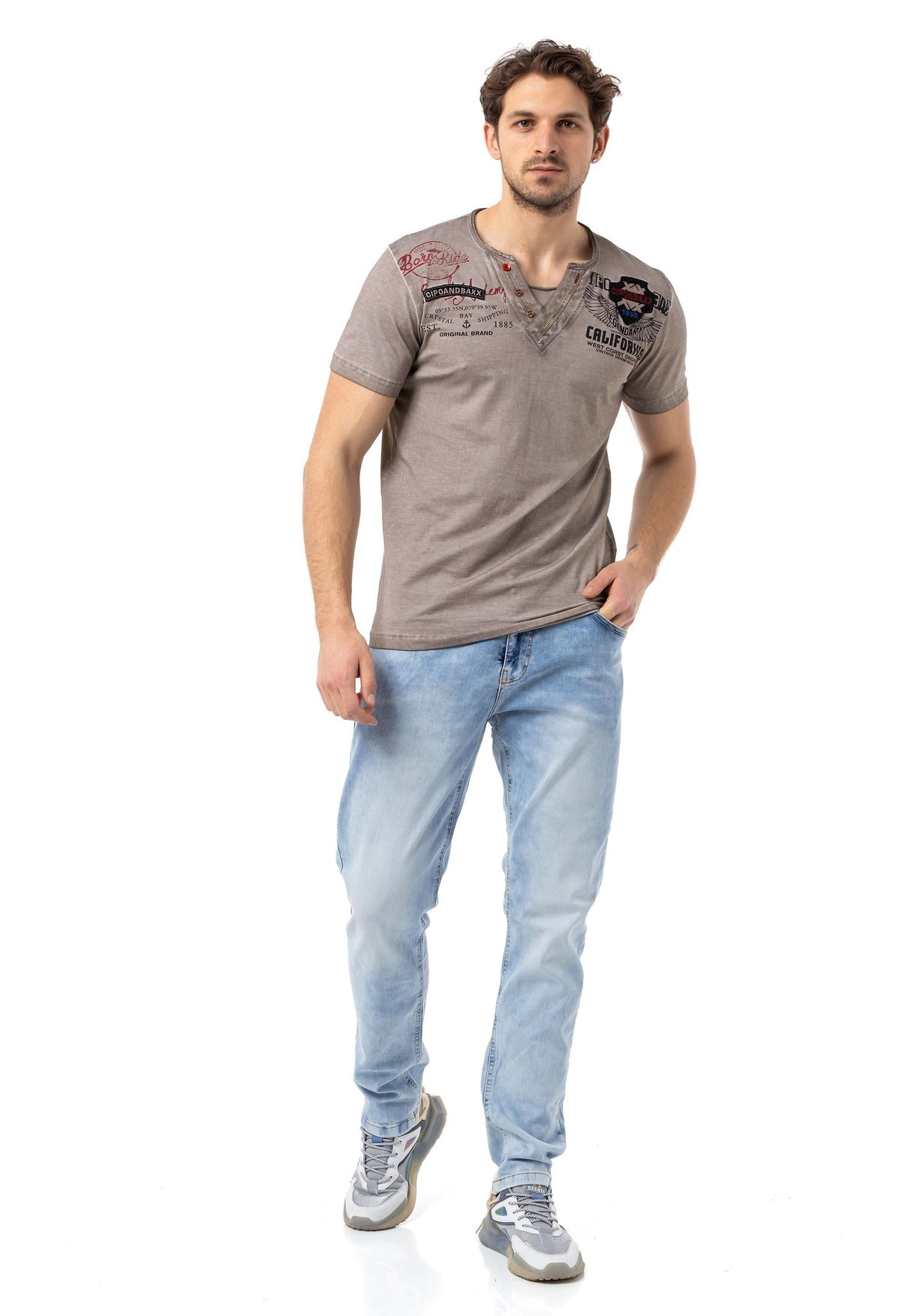 CT783 California Heren T-shirt met V-hals en Print
