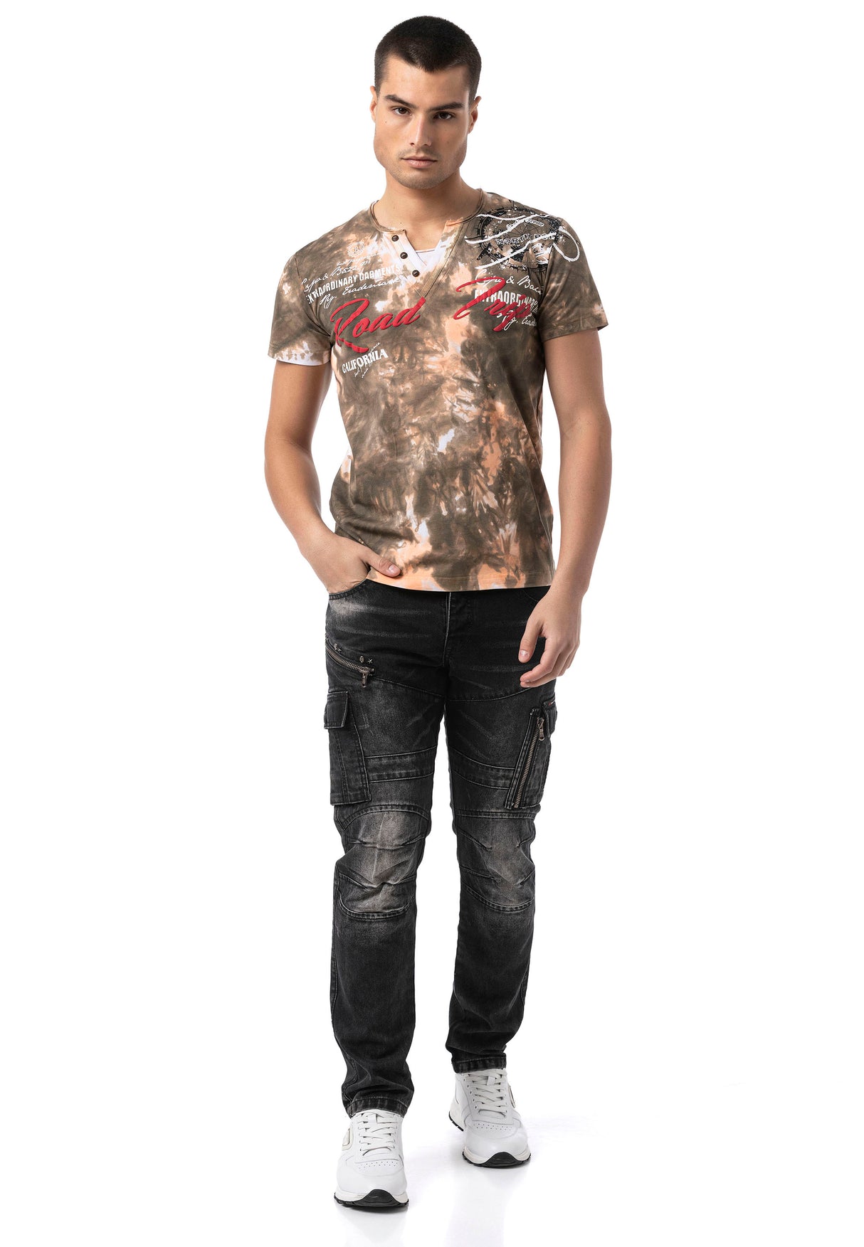 CT804-Herren T-Shirt mit Print-Waschung – Regular Fit
