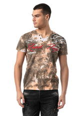 CT804-Herren T-Shirt mit Print-Waschung – Regular Fit