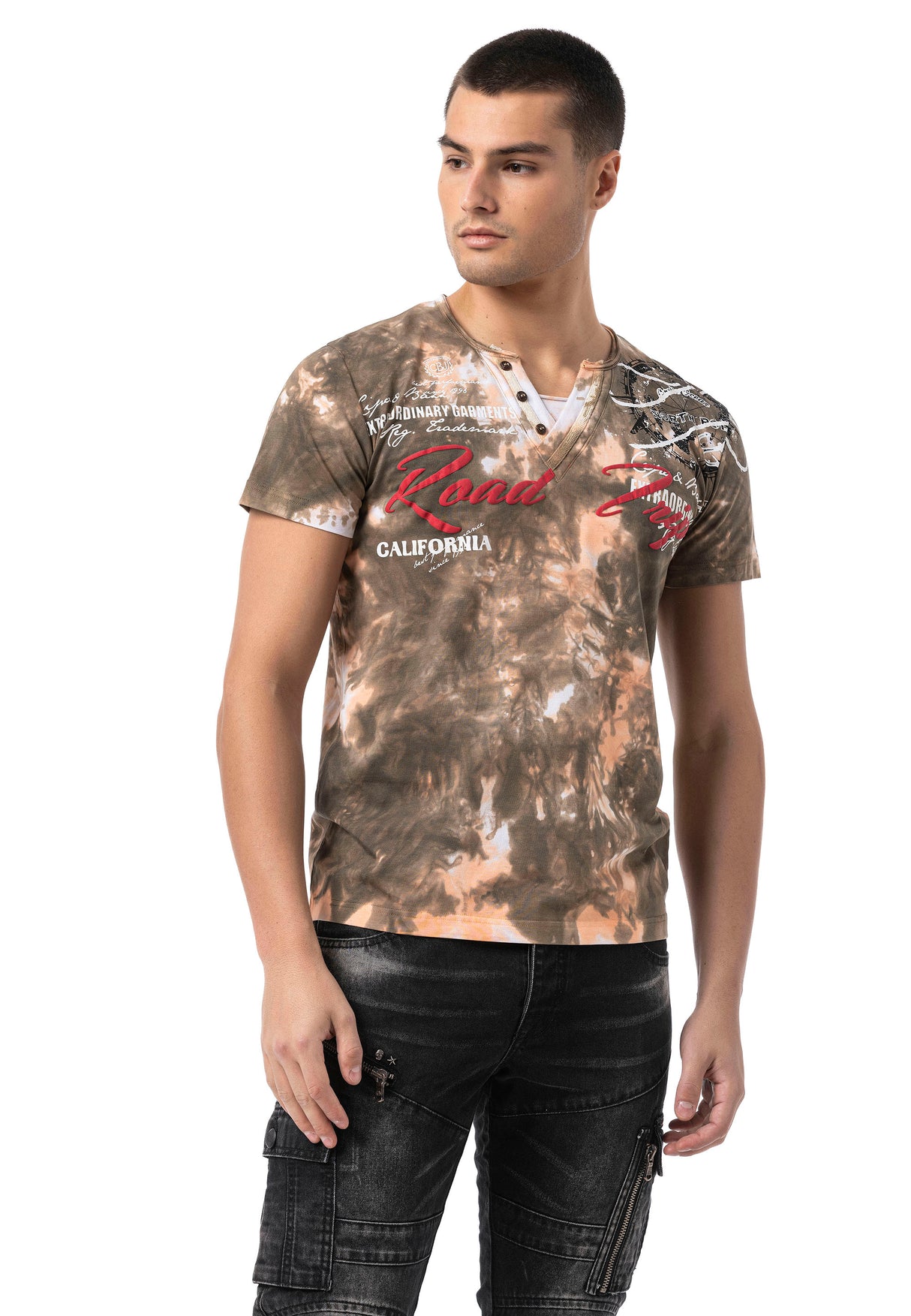 CT804-Herren T-Shirt mit Print-Waschung – Regular Fit