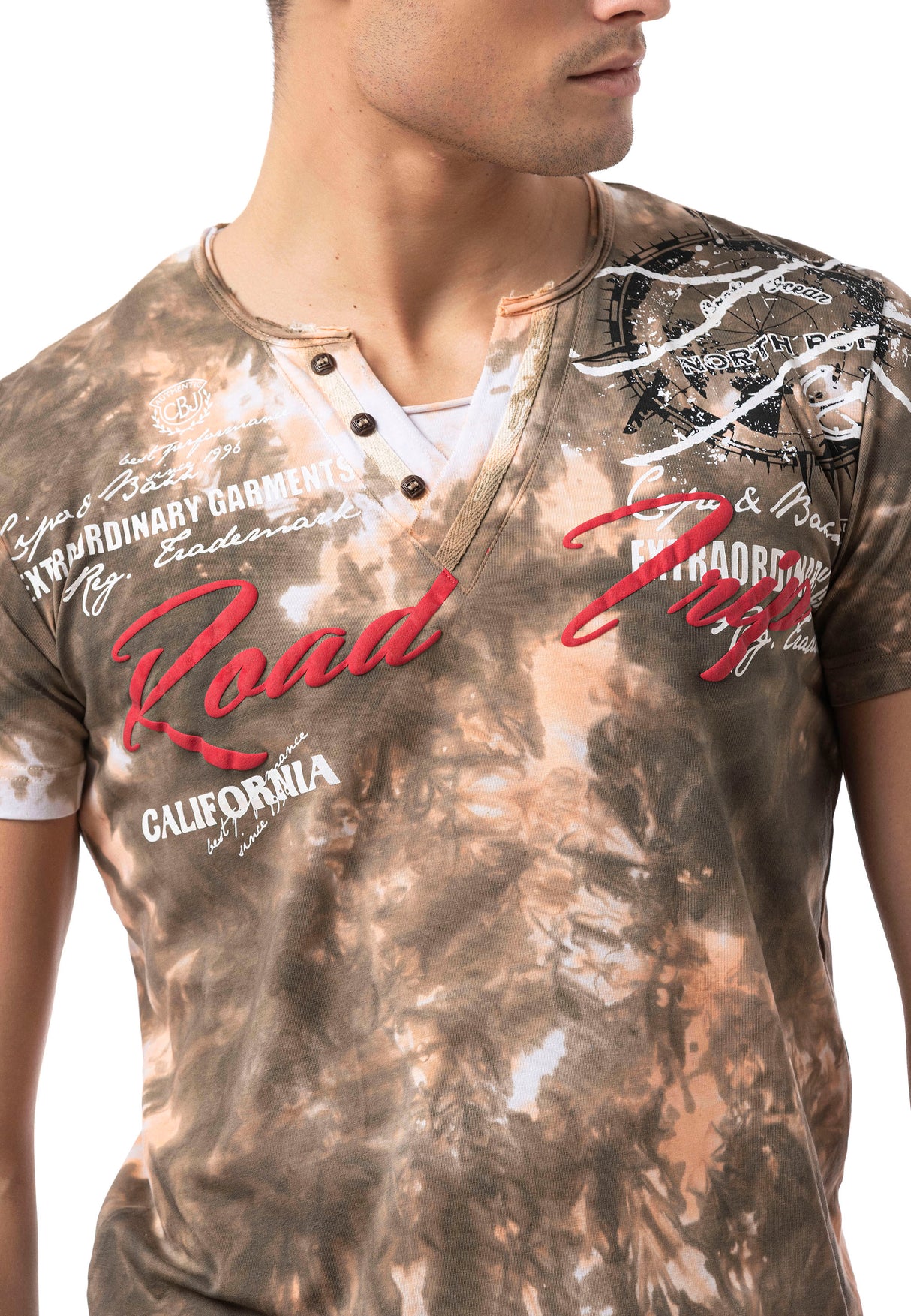 CT804-Herren T-Shirt mit Print-Waschung – Regular Fit