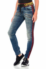 WD384 Damen Slim-Fit-Jeans mit trendigen Seitenstreifen