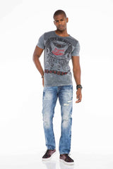 CD503 Heren comfortabele jeans met modieus borduurwerk in rechte pasvorm