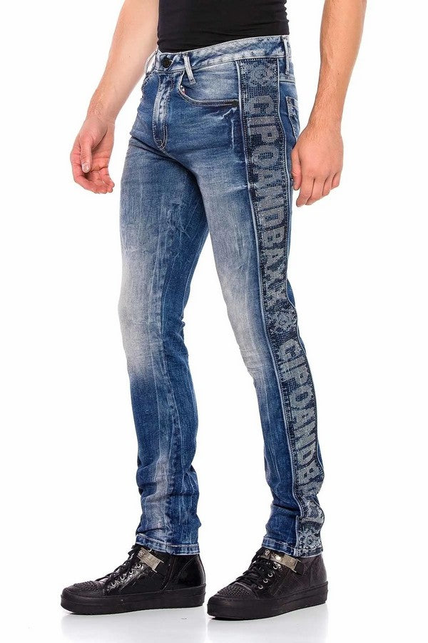 CD579 Herren bequeme Jeans mit seitlichem Markenschriftzug