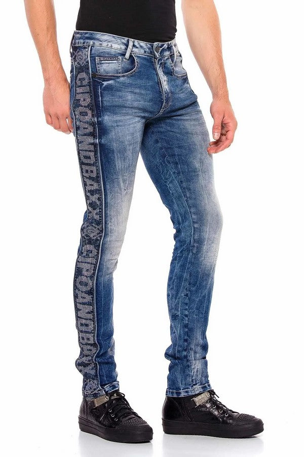 CD579 Herren bequeme Jeans mit seitlichem Markenschriftzug