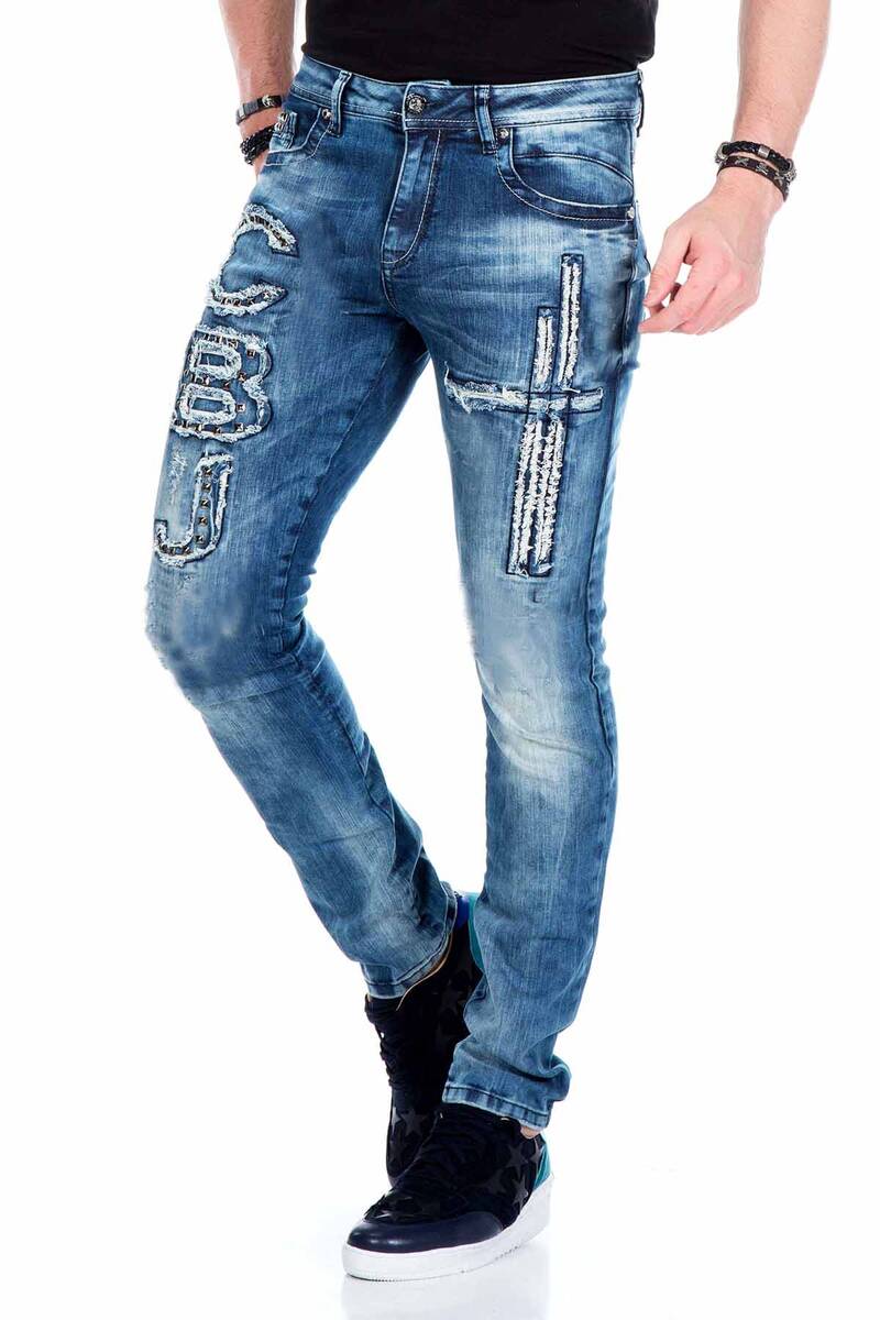 Jeans delgados de hombres CD431 con remaches y parches en forma recta