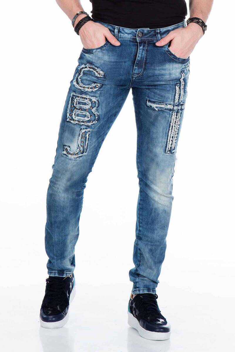 Jeans delgados de hombres CD431 con remaches y parches en forma recta