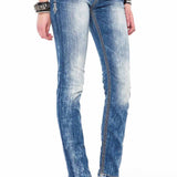 WD201 Damen Slim-Fit-Jeans mit weißen Nähten in Straight Fit