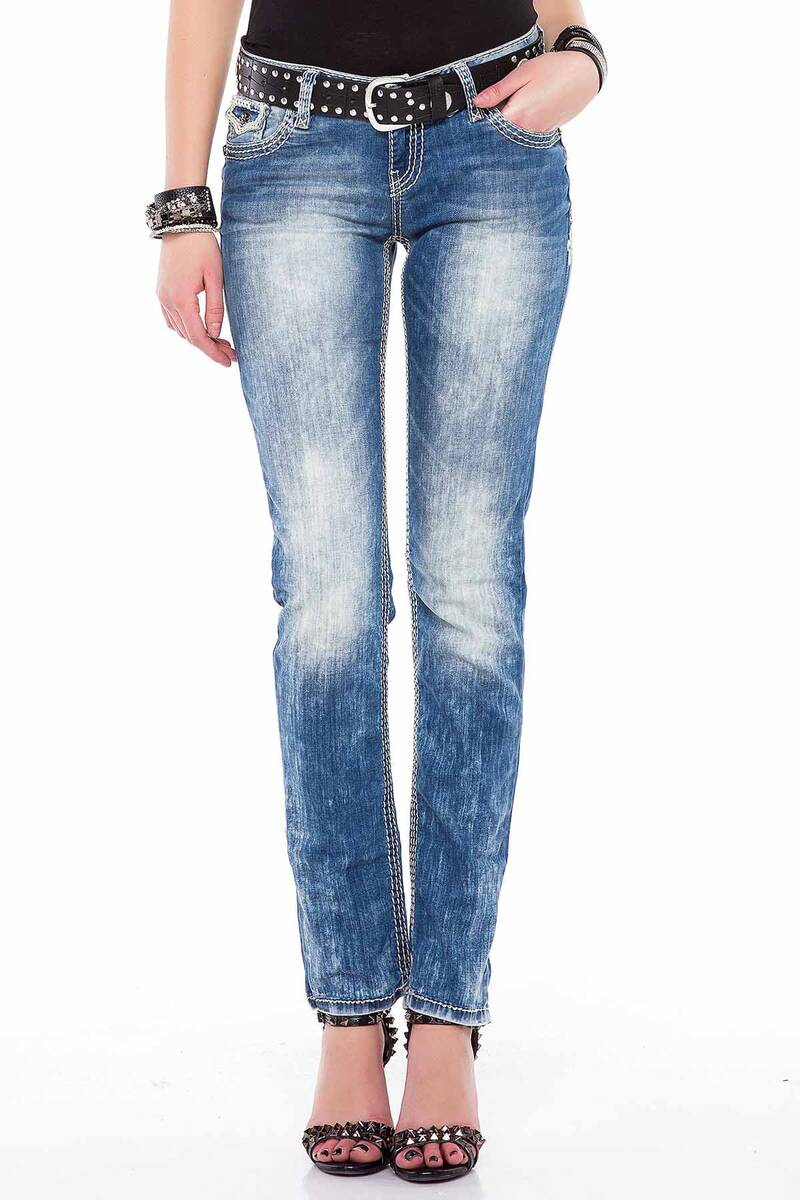 WD201 Jeans slim pour femme avec coutures blanches en coupe droite