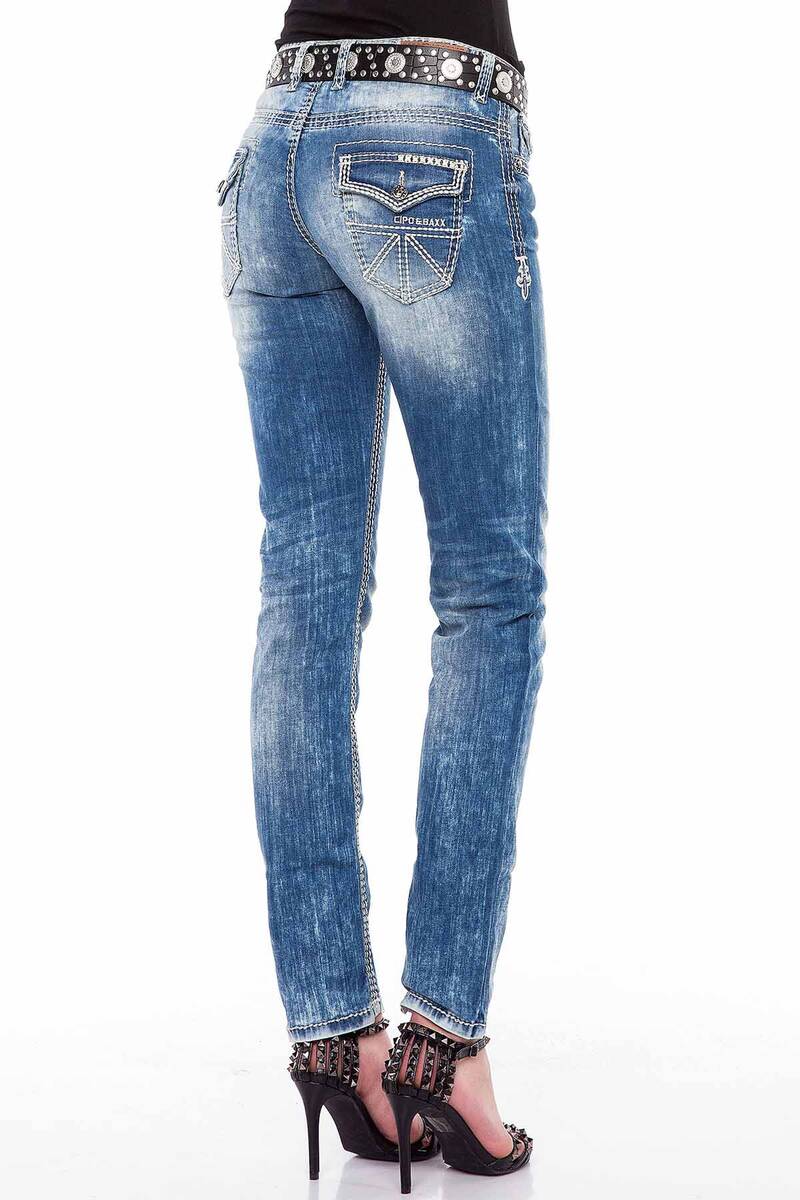 WD201 Jeans slim pour femme avec coutures blanches en coupe droite