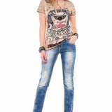 WD201 Damen Slim-Fit-Jeans mit weißen Nähten in Straight Fit