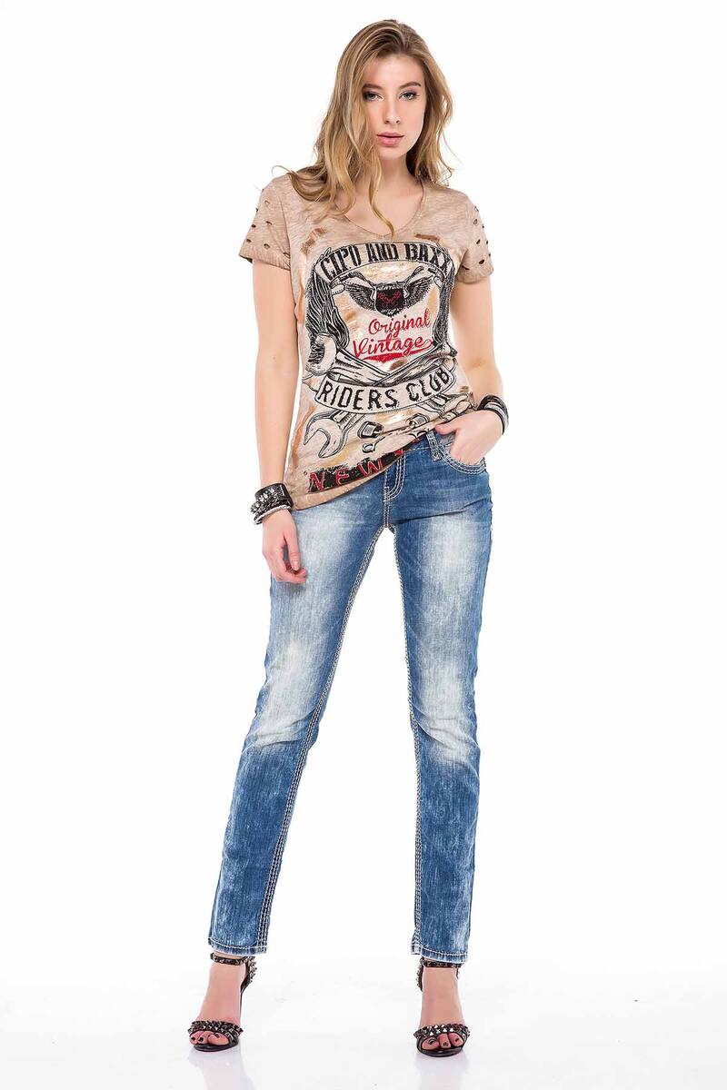 WD201 Jeans slim pour femme avec coutures blanches en coupe droite