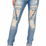 WD338 Donne jeans comodi con elementi distrutti speciali in vestibilità magra