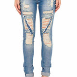 WD338 Donne jeans comodi con elementi distrutti speciali in vestibilità magra