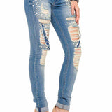 WD338 Donne jeans comodi con elementi distrutti speciali in vestibilità magra