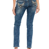 WD401–Damen Jeans mit Strass und Stickerei