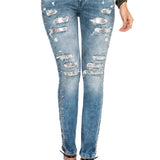 WD406 Damen Jeans – Strass-Destroyed-Style mit besonderer Waschung
