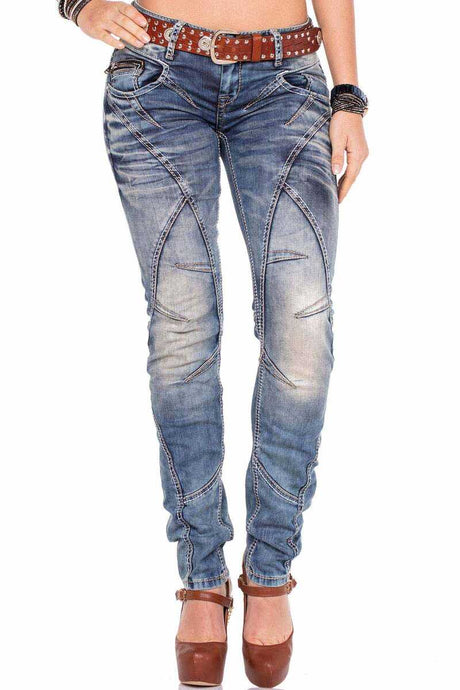 WD175 Jeans de ajuste delgado de mujeres con costuras decorativas en forma recta