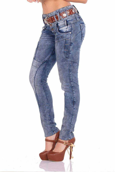 WD245 Damen Slim-Fit-Jeans mit Dreifachbund