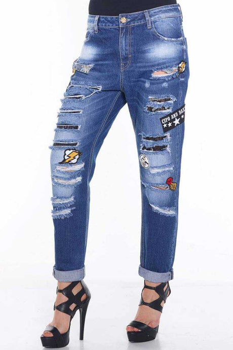 WD298 Damen bequeme Jeans mit modischen Aufnähern