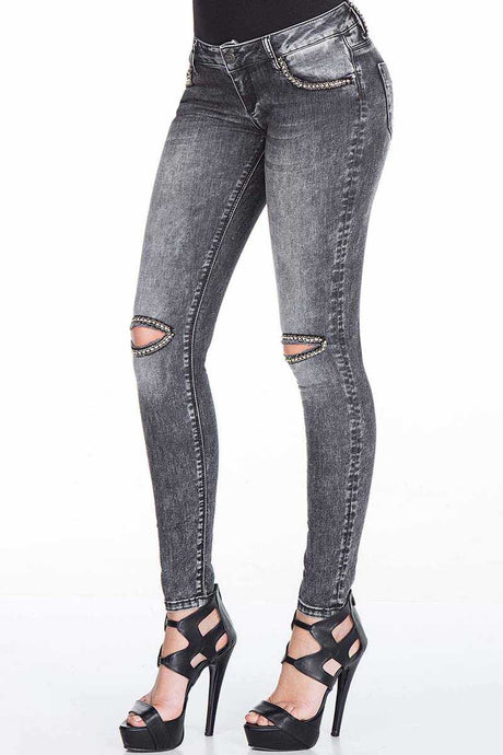 WD307 Mujeres jeans delgados en un aspecto usado de moda