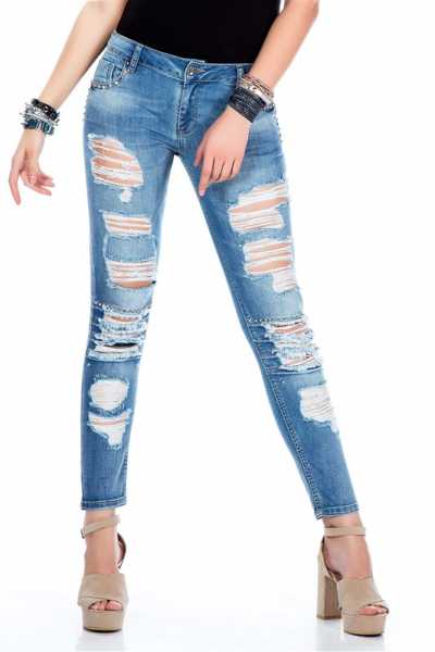 WD327 Damen Slim-Fit-Jeans im trendigen Destroyed-Look