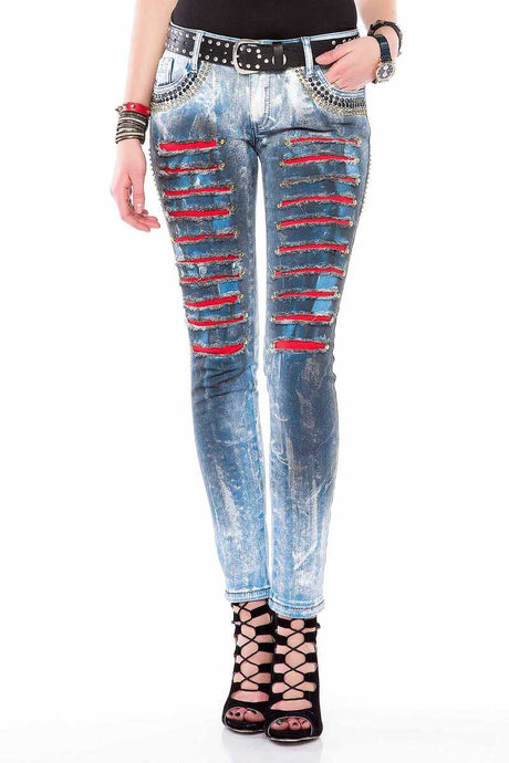 WD375 Jeans de tubo para mujeres con bolsas de piedras preciosas en ajuste delgado