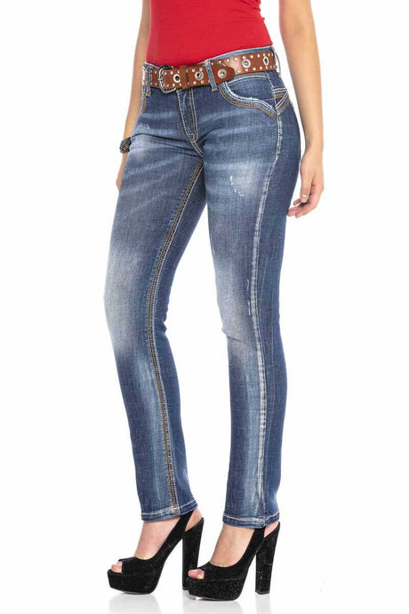 WD433 Mujeres jeans delgados con costuras de color de contraste