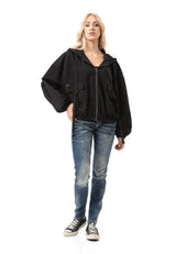 WL368 Damen Kapuzen Sweatjacke – Schwarze Zip-Hoodie mit Utility-Taschen & Oversized Fit | Funktionale Streetwear für Alltag & Freizeit