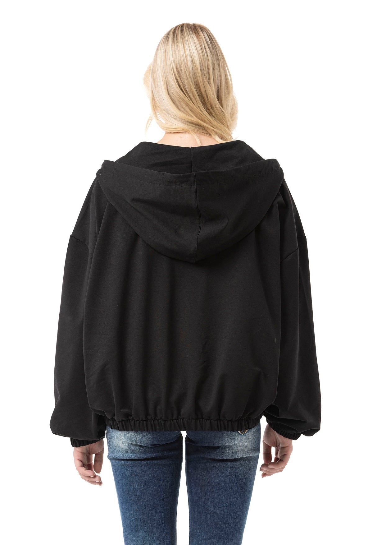 WL368 Damen Kapuzen Sweatjacke – Schwarze Zip-Hoodie mit Utility-Taschen & Oversized Fit | Funktionale Streetwear für Alltag & Freizeit