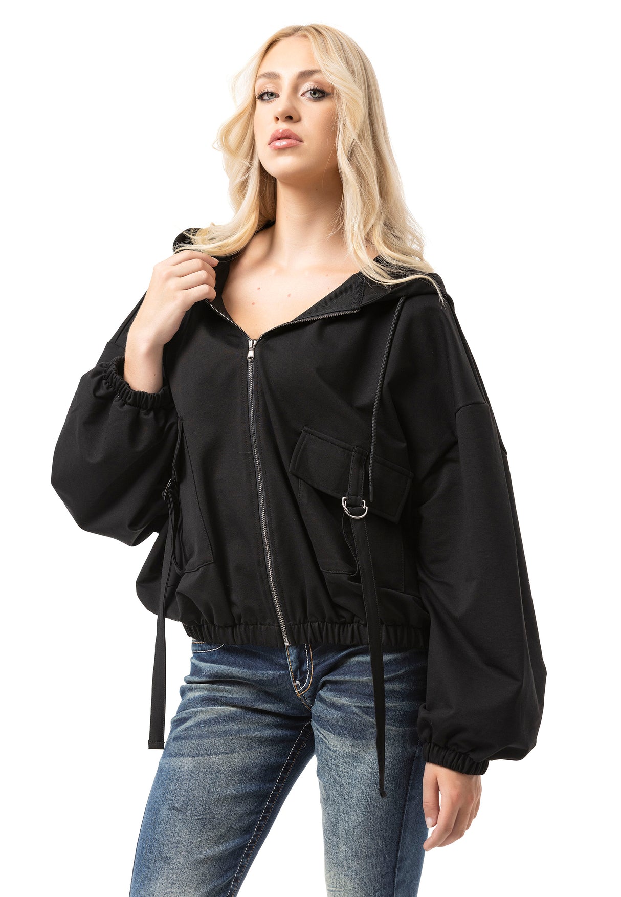 WL368 Damen Kapuzen Sweatjacke – Schwarze Zip-Hoodie mit Utility-Taschen & Oversized Fit | Funktionale Streetwear für Alltag & Freizeit