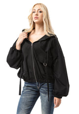 WL368 Damen Kapuzen Sweatjacke – Schwarze Zip-Hoodie mit Utility-Taschen & Oversized Fit | Funktionale Streetwear für Alltag & Freizeit