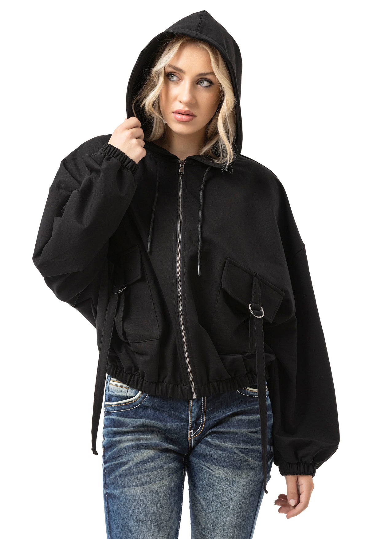WL368 Damen Kapuzen Sweatjacke – Schwarze Zip-Hoodie mit Utility-Taschen & Oversized Fit | Funktionale Streetwear für Alltag & Freizeit