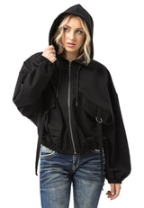WL368 Damen Kapuzen Sweatjacke – Schwarze Zip-Hoodie mit Utility-Taschen & Oversized Fit | Funktionale Streetwear für Alltag & Freizeit