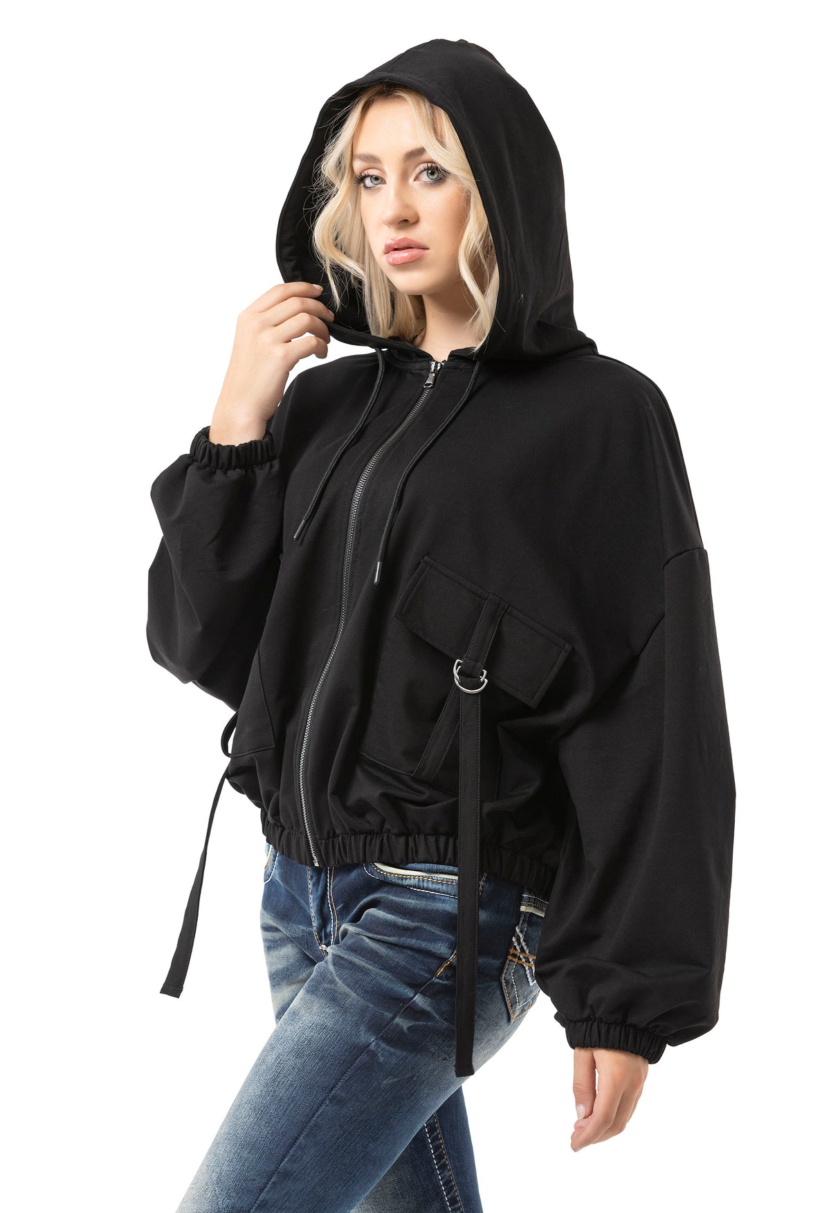 WL368 Damen Kapuzen Sweatjacke – Schwarze Zip-Hoodie mit Utility-Taschen & Oversized Fit | Funktionale Streetwear für Alltag & Freizeit