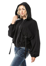WL368 Damen Kapuzen Sweatjacke – Schwarze Zip-Hoodie mit Utility-Taschen & Oversized Fit | Funktionale Streetwear für Alltag & Freizeit