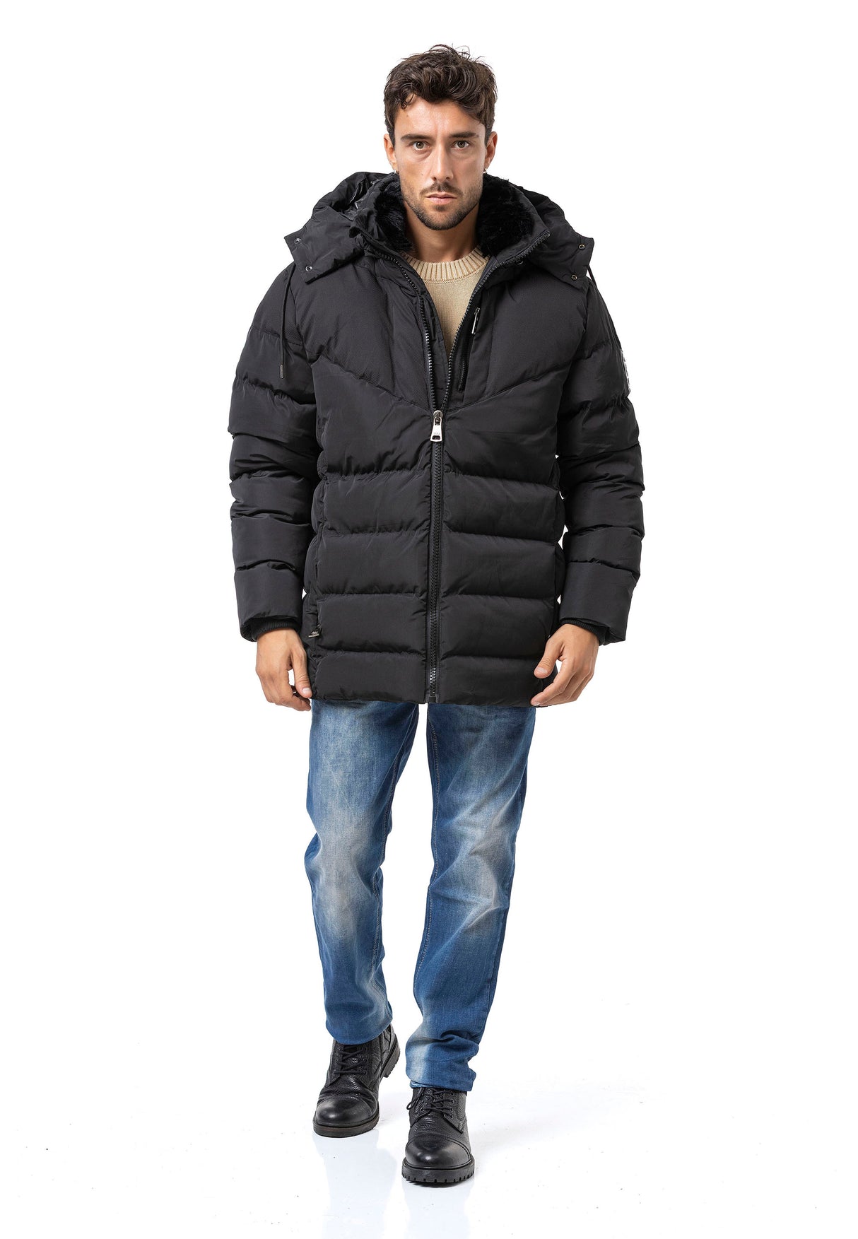 CM198 Men's winter jacket – Black | Long fit, warm padding & hood