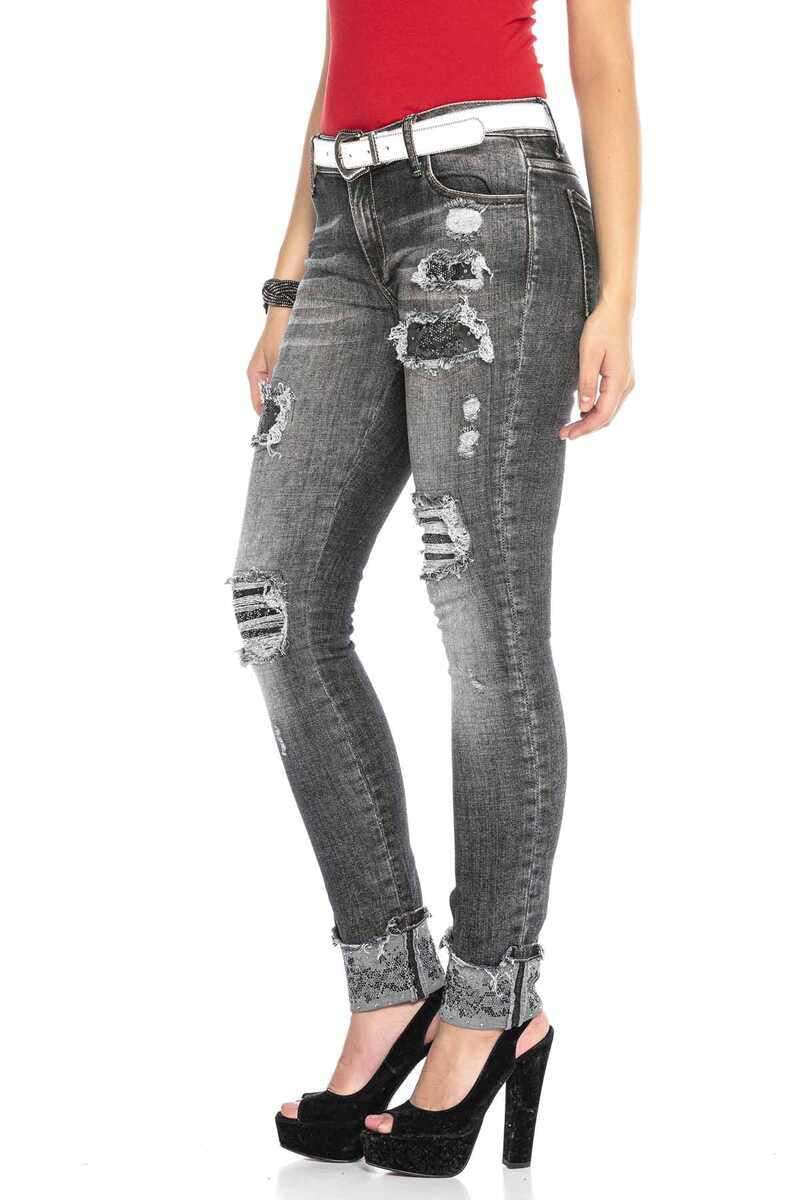 Jean tube féminin WD420 avec des éléments détruits