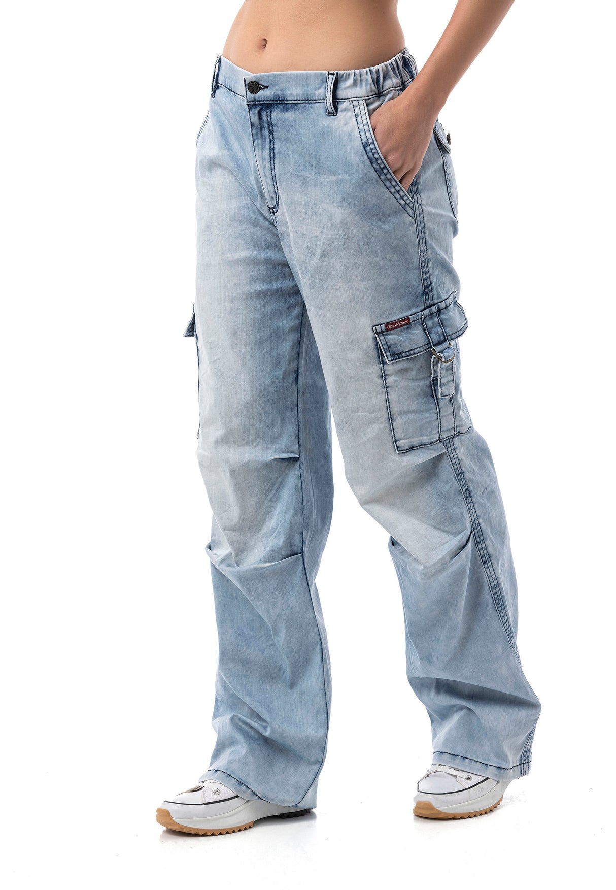 WD544 Damen Baggy Jeans– Relaxed Fit Hose in Iceblue mit Cargo-Taschen
