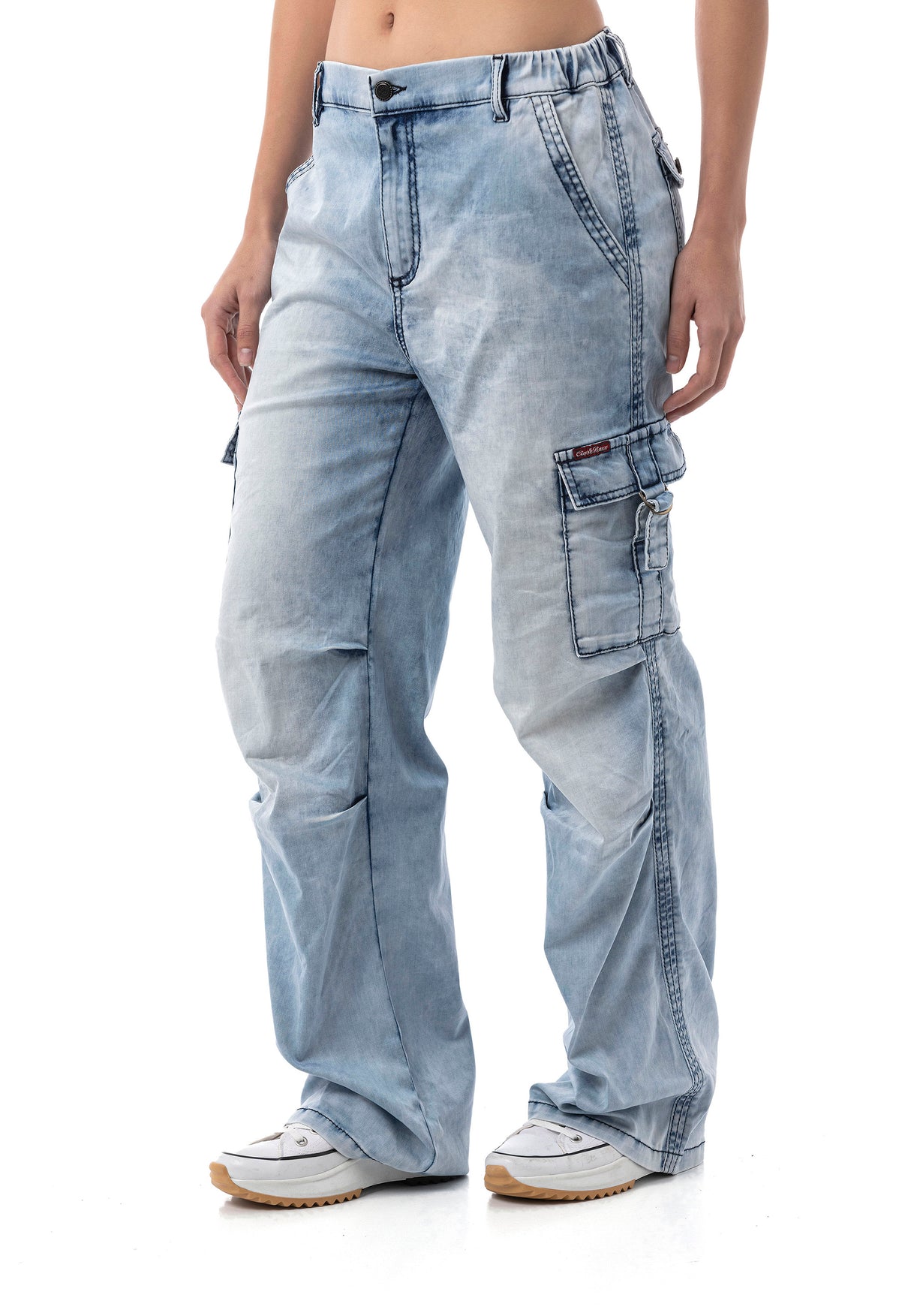 WD544 Damen Baggy Jeans– Relaxed Fit Hose in Iceblue mit Cargo-Taschen