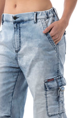WD544 Damen Baggy Jeans– Relaxed Fit Hose in Iceblue mit Cargo-Taschen