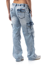 WD544 Damen Baggy Jeans– Relaxed Fit Hose in Iceblue mit Cargo-Taschen