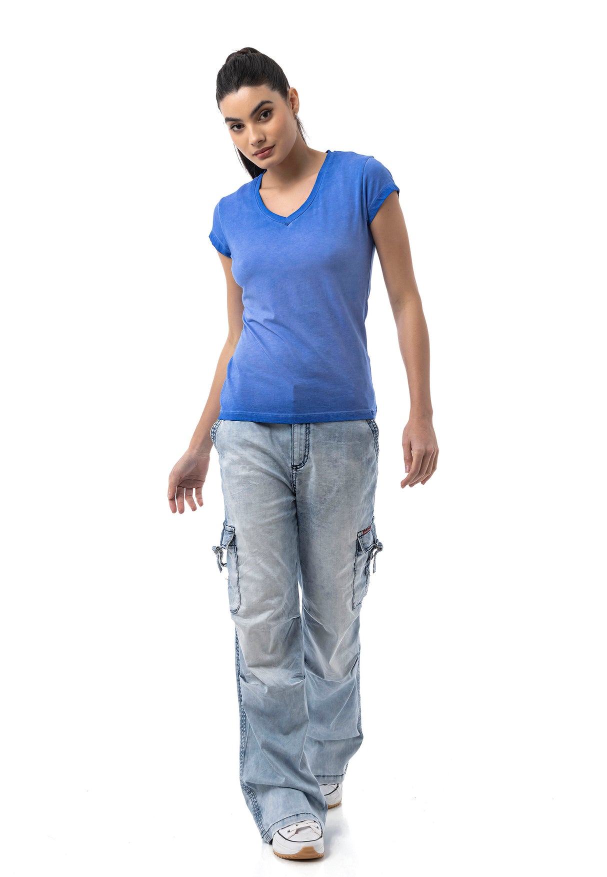 WD544 Damen Baggy Jeans– Relaxed Fit Hose in Iceblue mit Cargo-Taschen