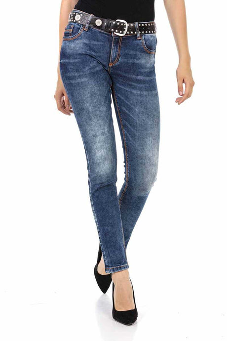 WD441 Mujeres Jeans delgados con costuras de contraste de moda