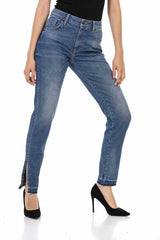 WD449 Damen bequeme Jeans mit trendigem Seitenschlitz